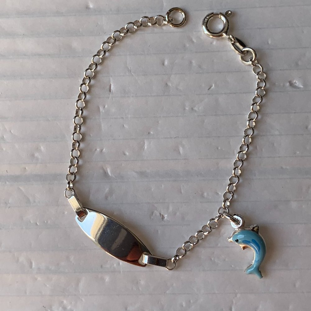 NEW Italian Children's Real Silver (not plated) ID Bracelet with a Dolphin Charm